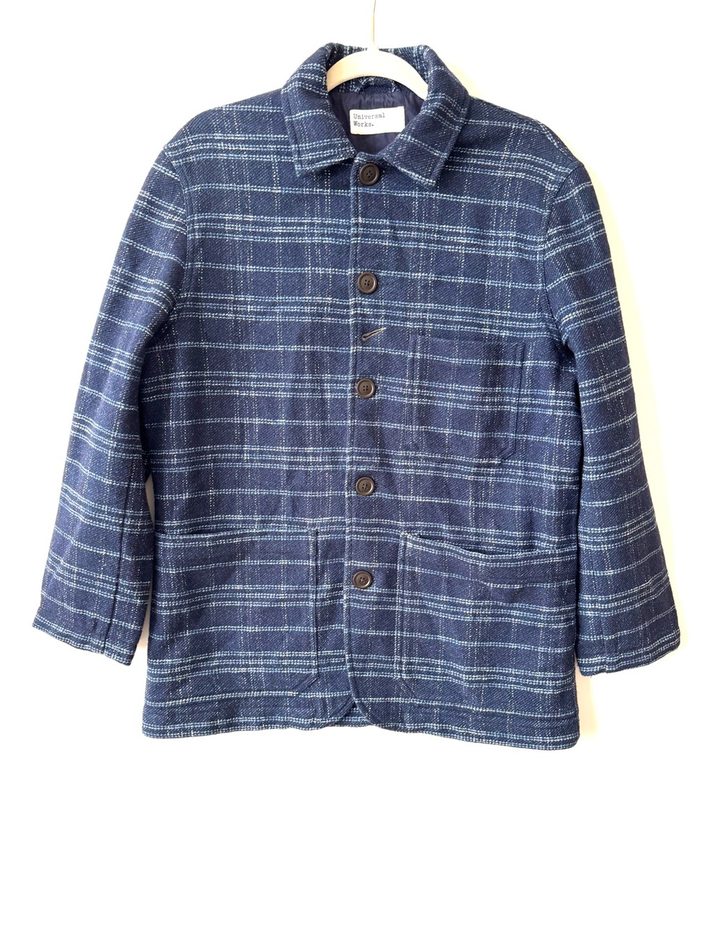 Universal Works Bakers Chore Jacket Navy Blue Plaid Wool Blend
